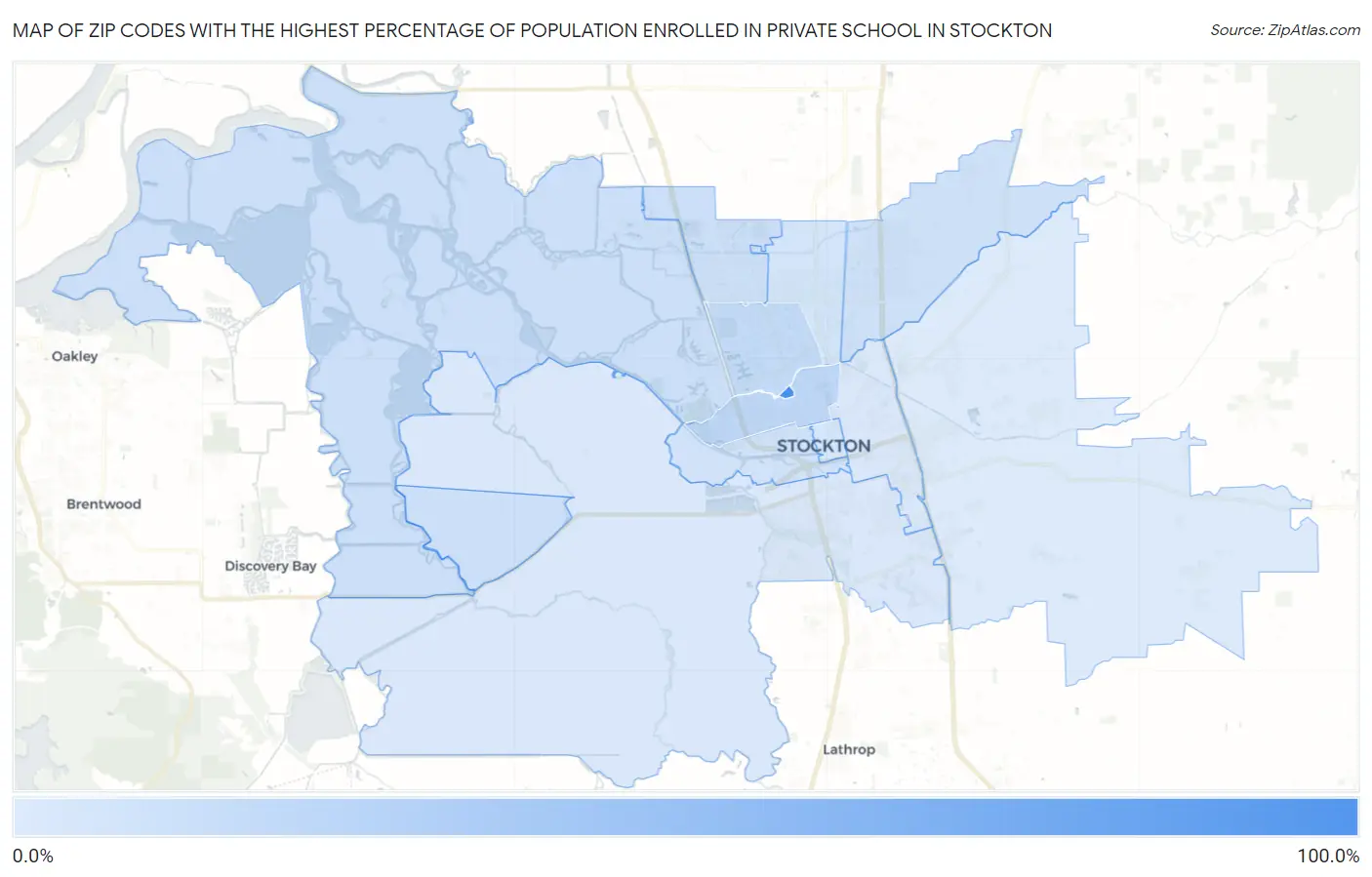 Zip Codes with the Highest Percentage of Population Enrolled in Private School in Stockton Map