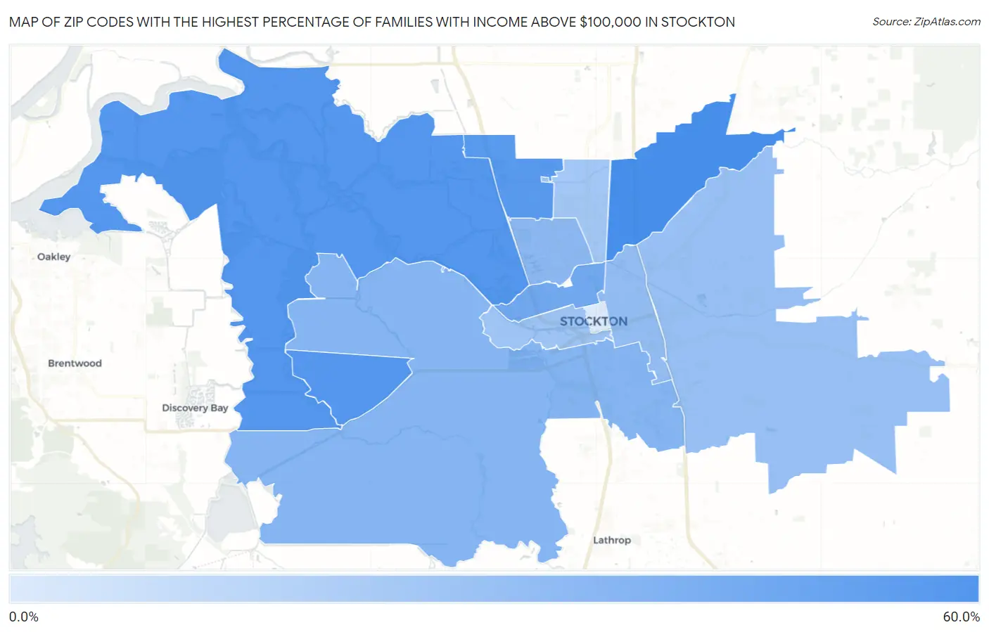 Zip Codes with the Highest Percentage of Families with Income Above $100,000 in Stockton Map