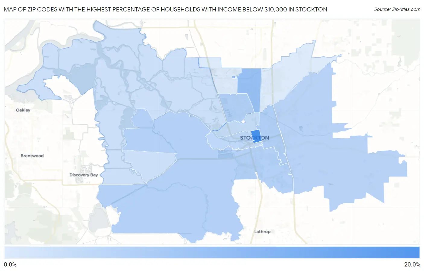 Zip Codes with the Highest Percentage of Households with Income Below $10,000 in Stockton Map