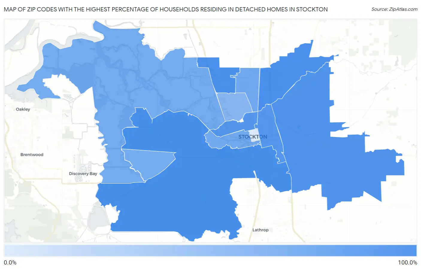 Zip Codes with the Highest Percentage of Households Residing in Detached Homes in Stockton Map