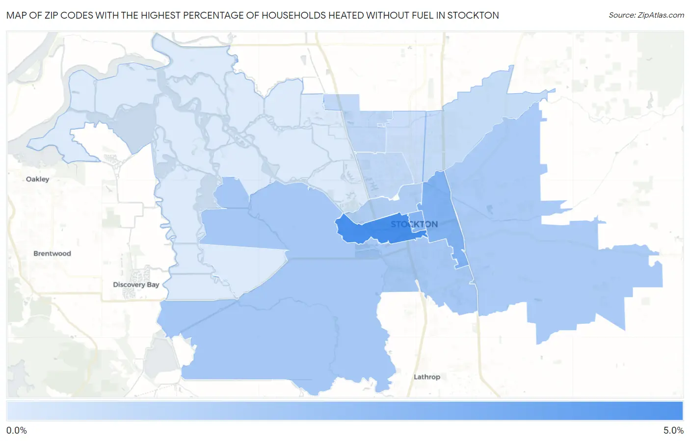 Zip Codes with the Highest Percentage of Households Heated without Fuel in Stockton Map