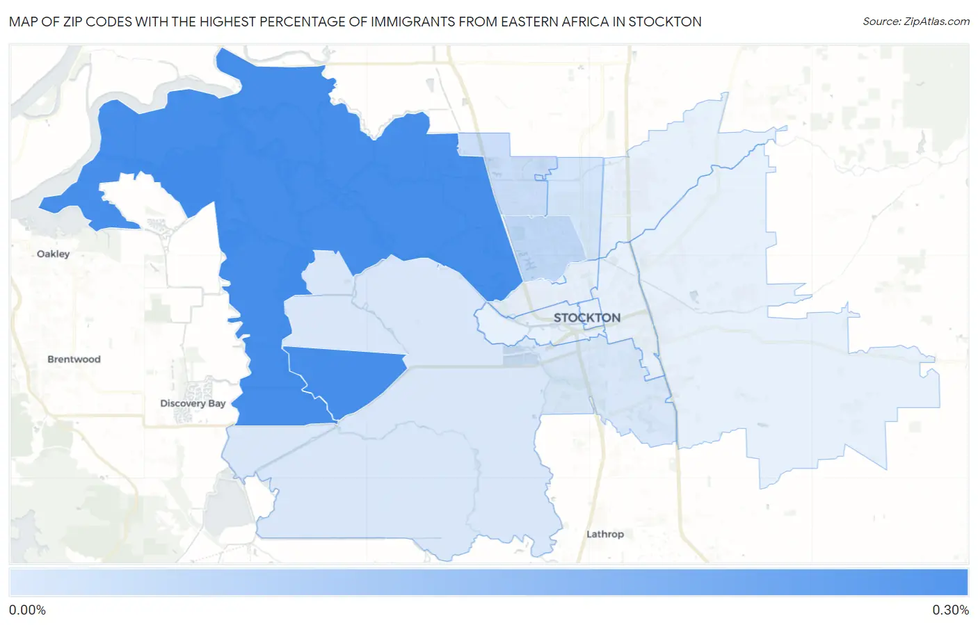 Zip Codes with the Highest Percentage of Immigrants from Eastern Africa in Stockton Map