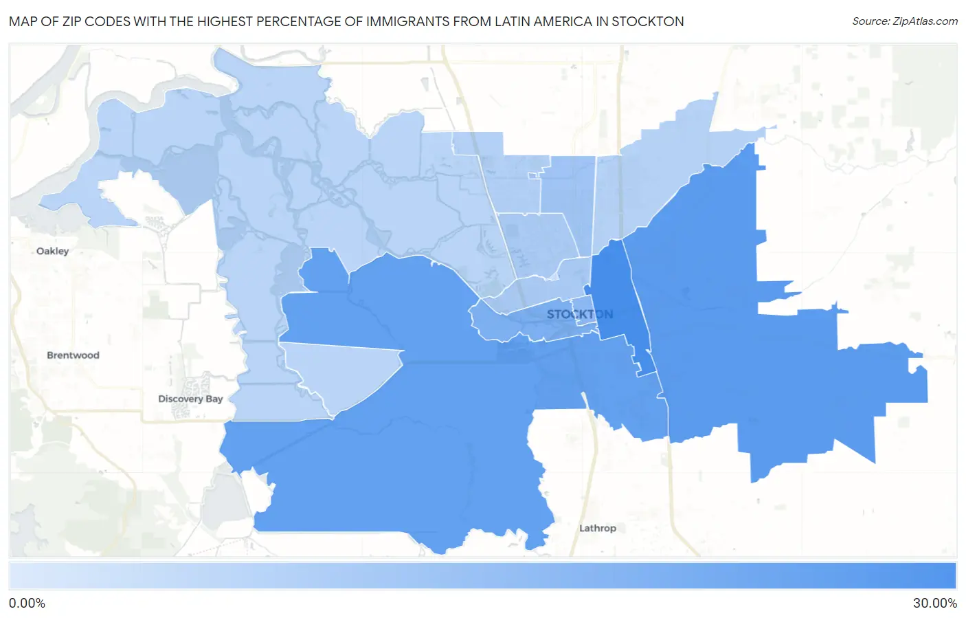 Zip Codes with the Highest Percentage of Immigrants from Latin America in Stockton Map