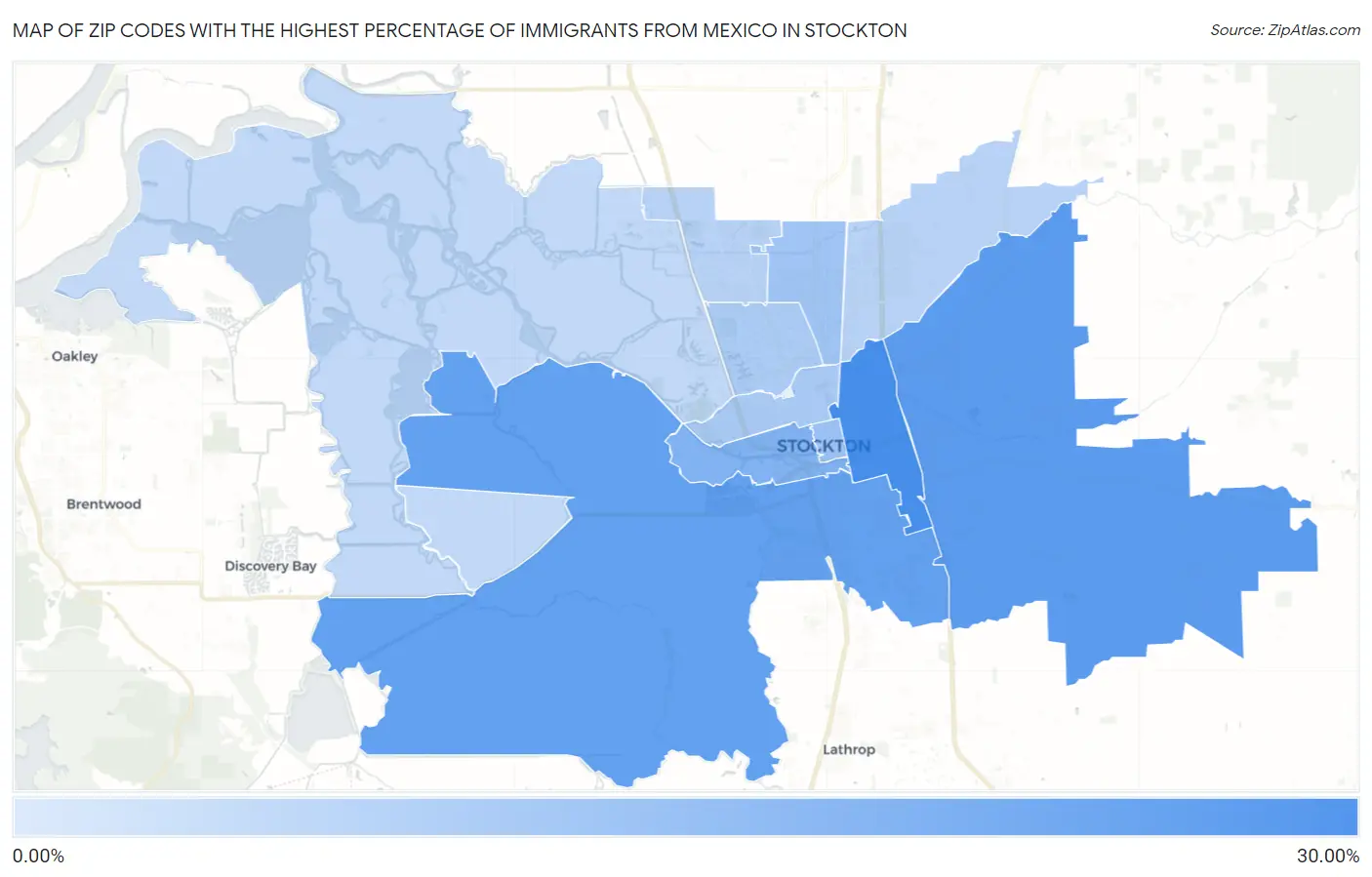 Zip Codes with the Highest Percentage of Immigrants from Mexico in Stockton Map
