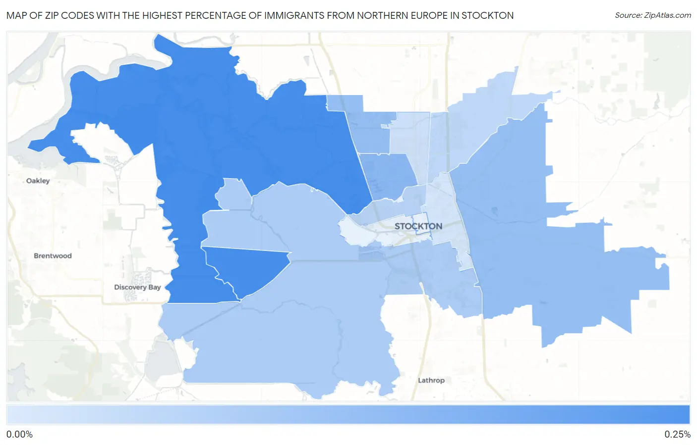 Zip Codes with the Highest Percentage of Immigrants from Northern Europe in Stockton Map