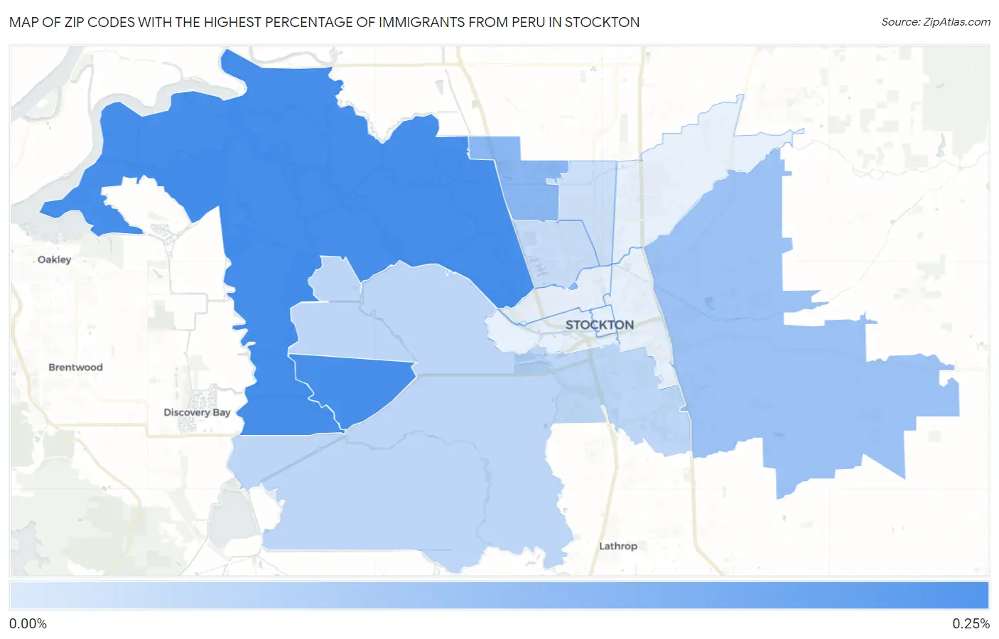 Zip Codes with the Highest Percentage of Immigrants from Peru in Stockton Map
