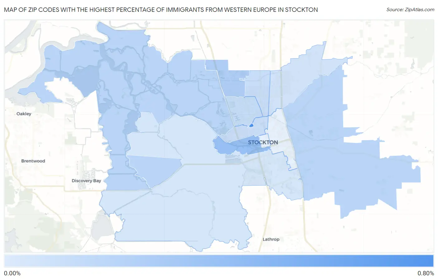 Zip Codes with the Highest Percentage of Immigrants from Western Europe in Stockton Map