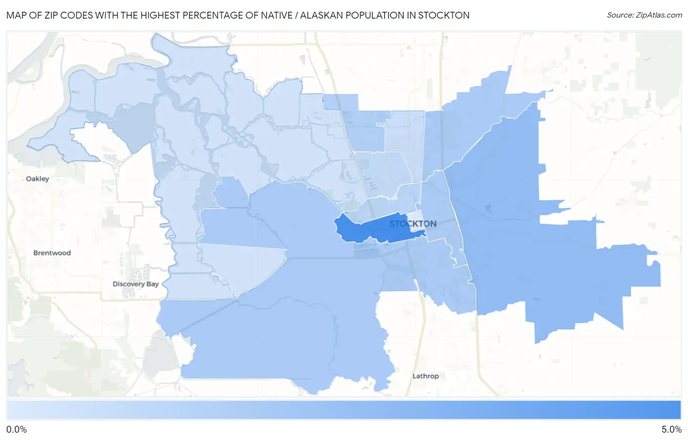 Zip Codes with the Highest Percentage of Native / Alaskan Population in Stockton Map
