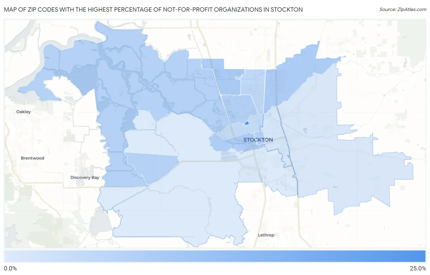 Zip Codes with the Highest Percentage of Not-for-profit Organizations in Stockton Map