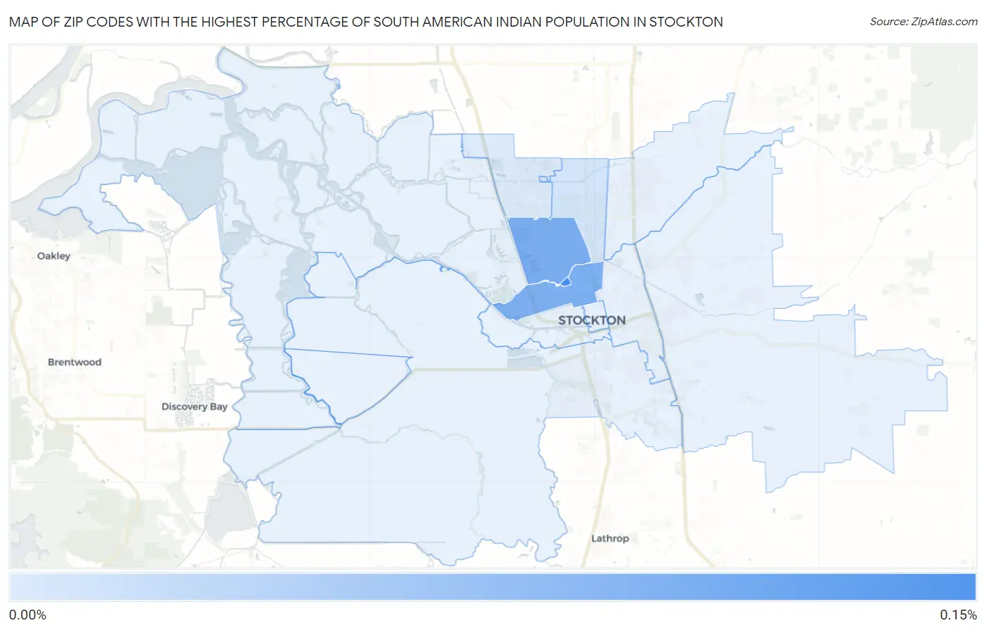 Zip Codes with the Highest Percentage of South American Indian Population in Stockton Map