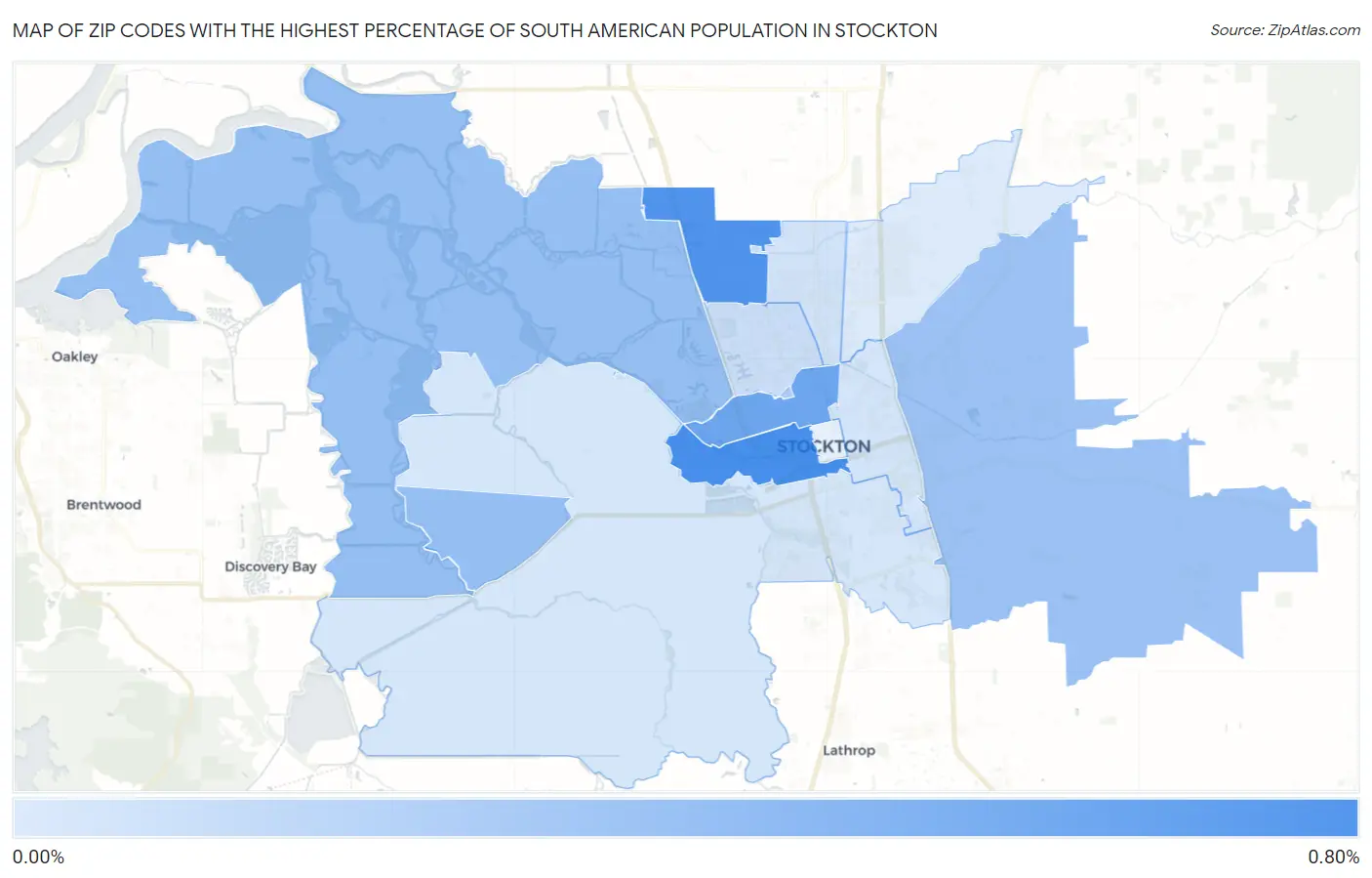 Zip Codes with the Highest Percentage of South American Population in Stockton Map