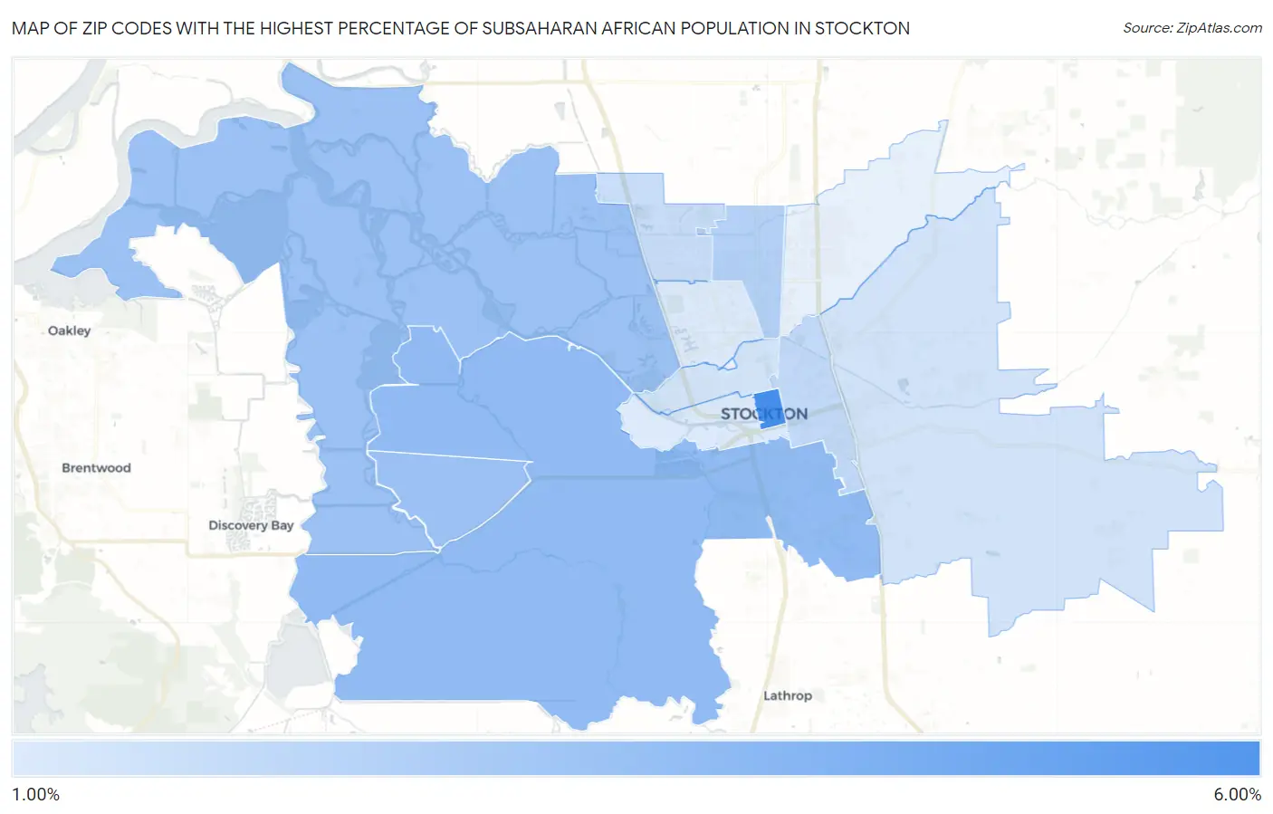 Zip Codes with the Highest Percentage of Subsaharan African Population in Stockton Map