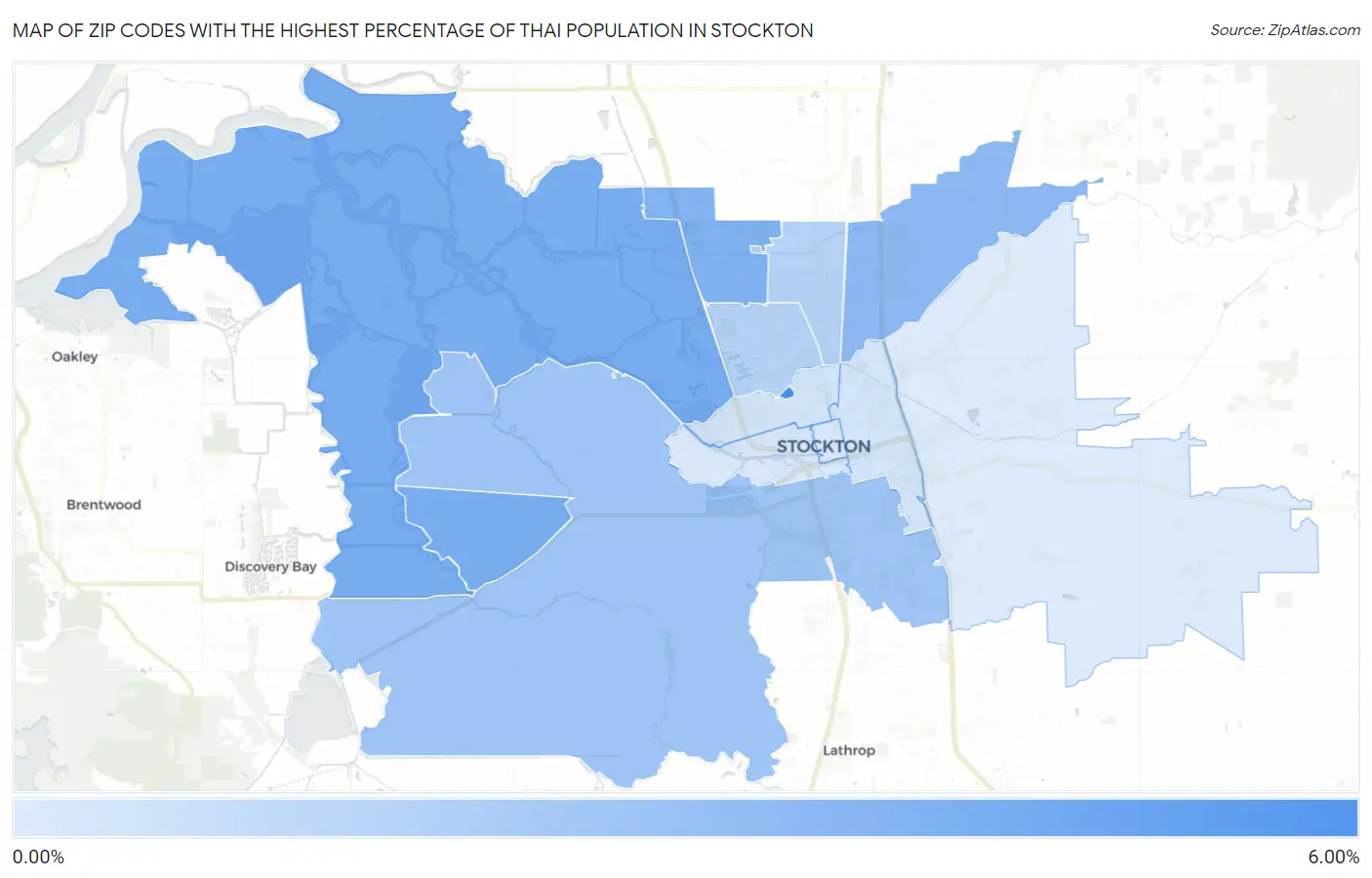 Zip Codes with the Highest Percentage of Thai Population in Stockton Map