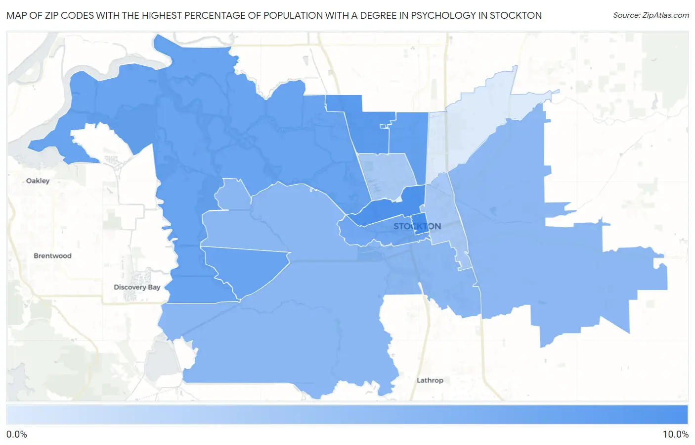 Zip Codes with the Highest Percentage of Population with a Degree in Psychology in Stockton Map