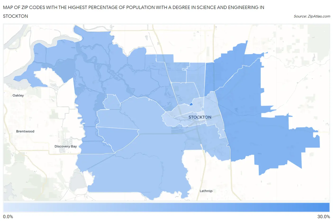 Zip Codes with the Highest Percentage of Population with a Degree in Science and Engineering in Stockton Map