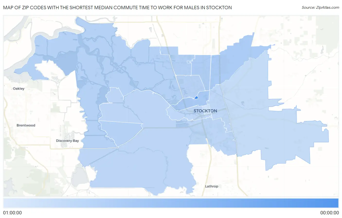 Zip Codes with the Shortest Median Commute Time to Work for Males in Stockton Map