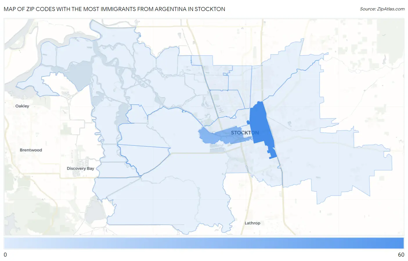Zip Codes with the Most Immigrants from Argentina in Stockton Map