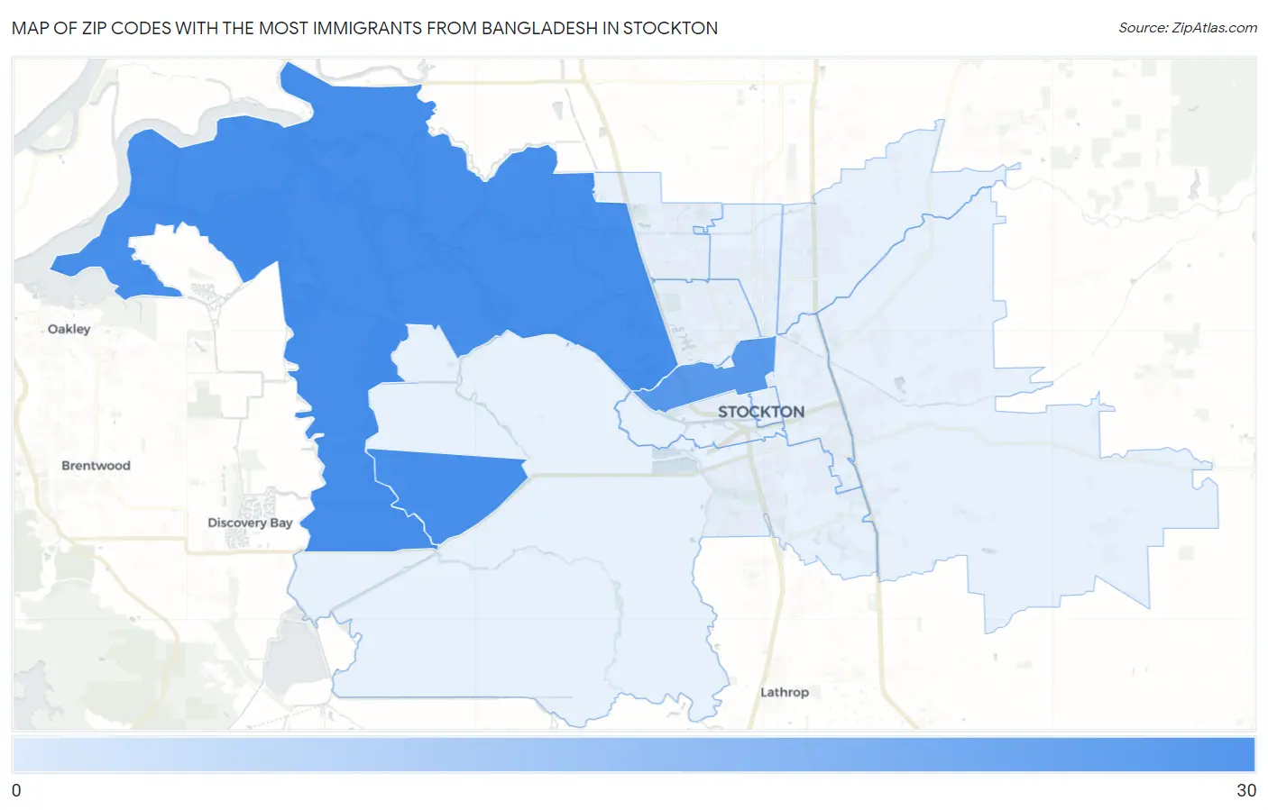 Zip Codes with the Most Immigrants from Bangladesh in Stockton Map