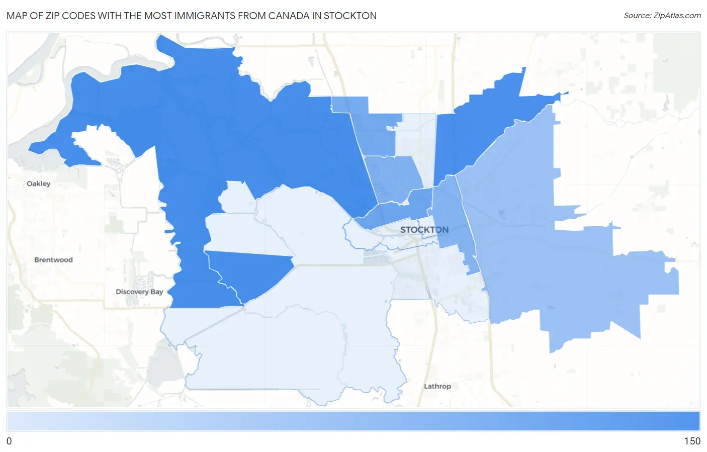 Zip Codes with the Most Immigrants from Canada in Stockton Map