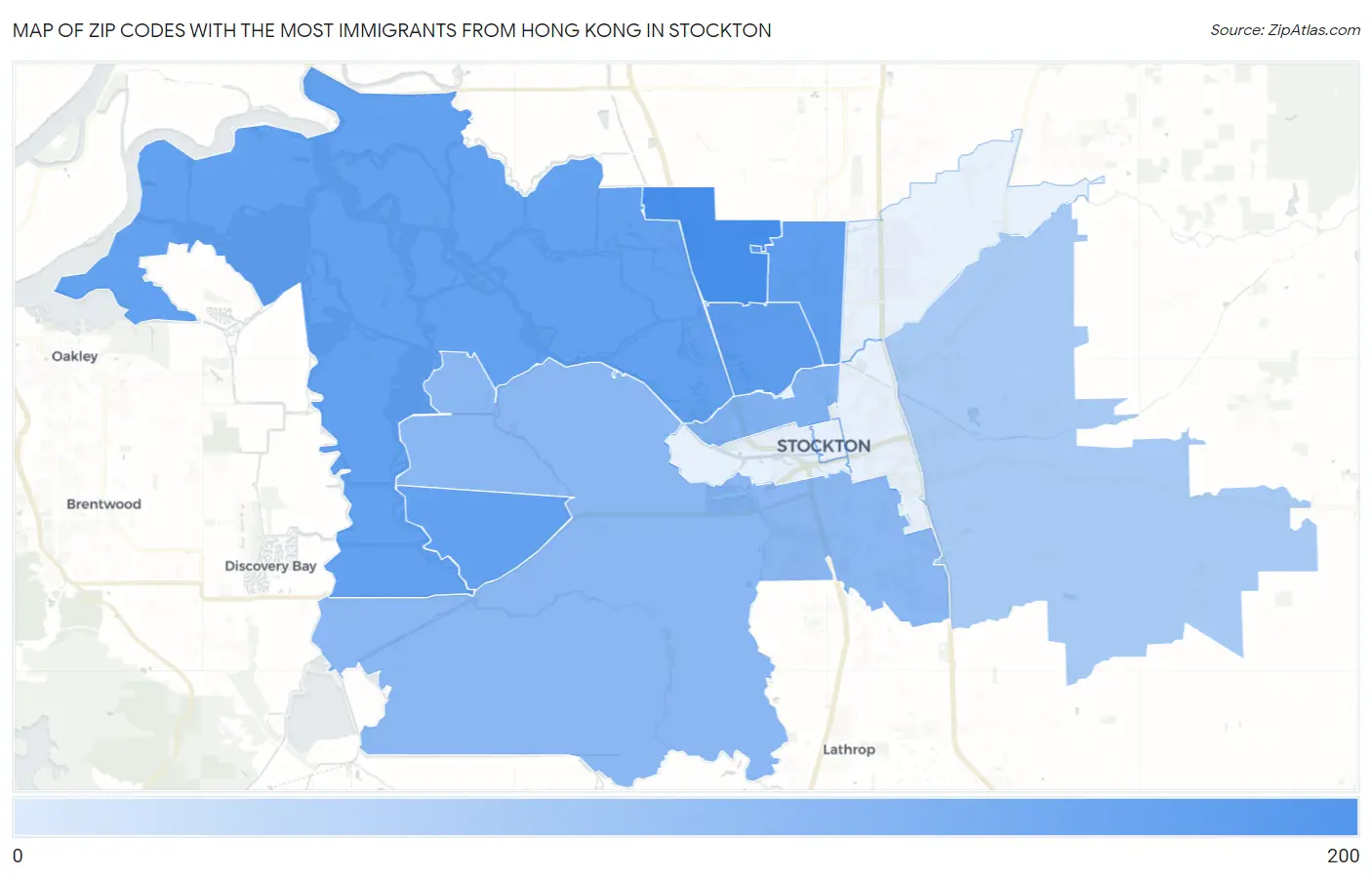 Zip Codes with the Most Immigrants from Hong Kong in Stockton Map