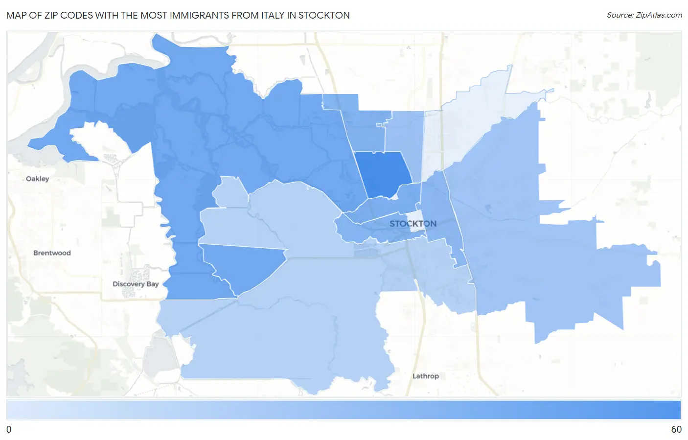 Zip Codes with the Most Immigrants from Italy in Stockton Map