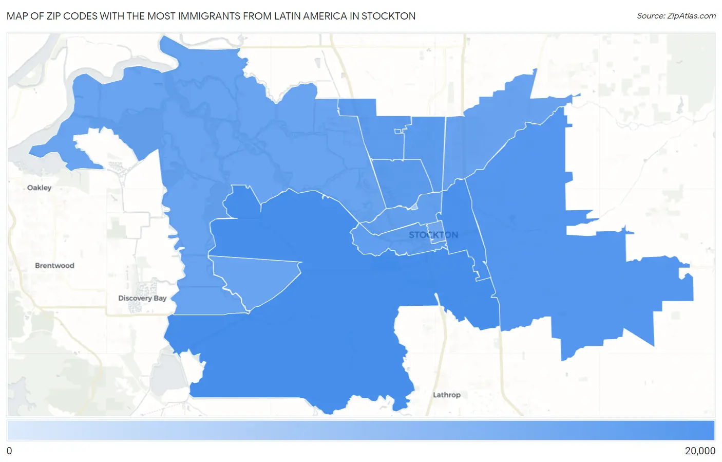 Zip Codes with the Most Immigrants from Latin America in Stockton Map