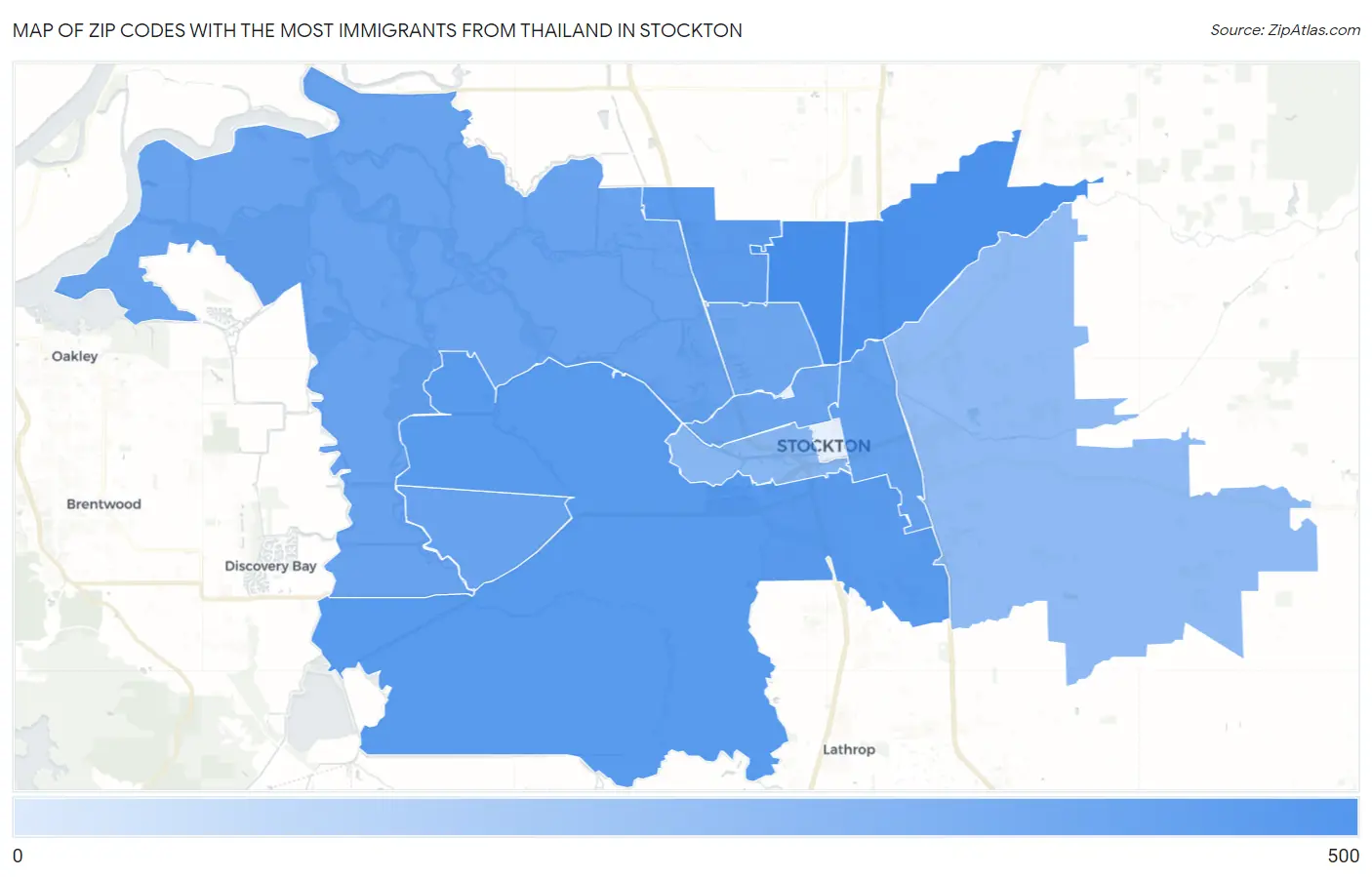 Zip Codes with the Most Immigrants from Thailand in Stockton Map