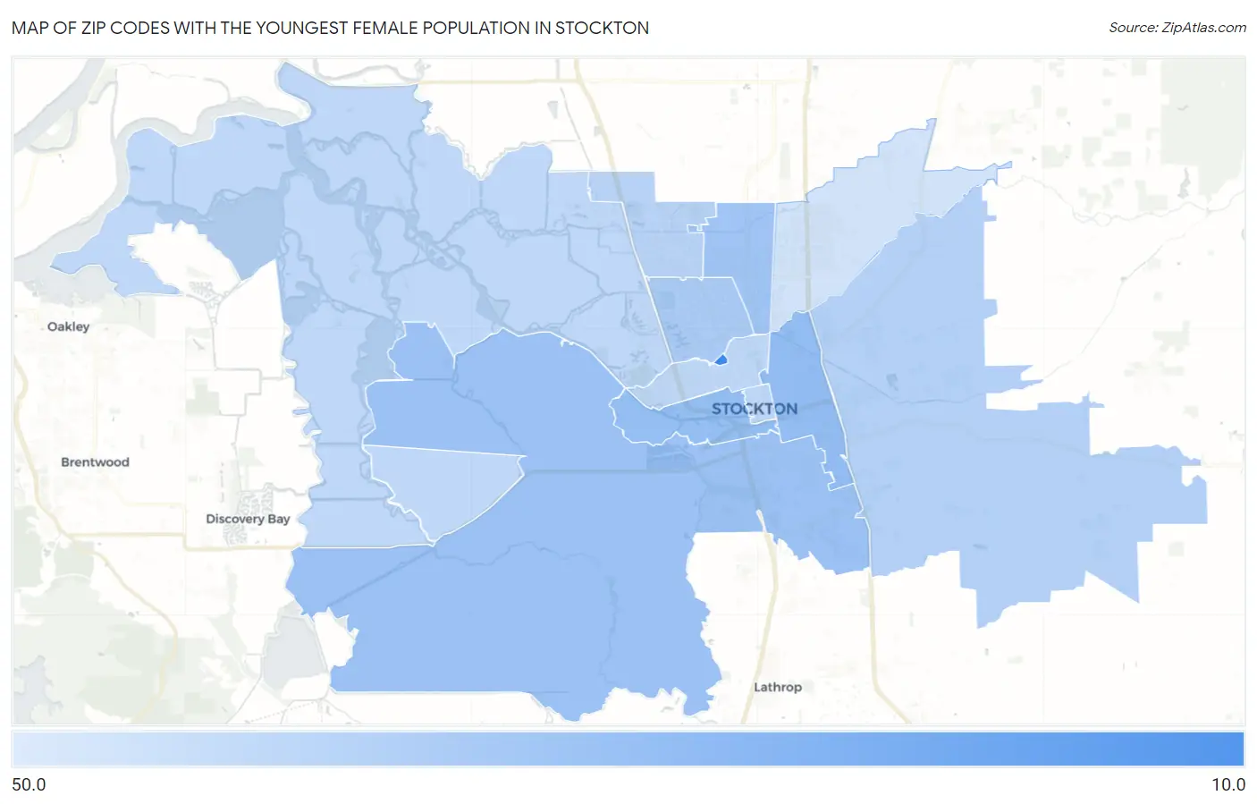 Zip Codes with the Youngest Female Population in Stockton Map