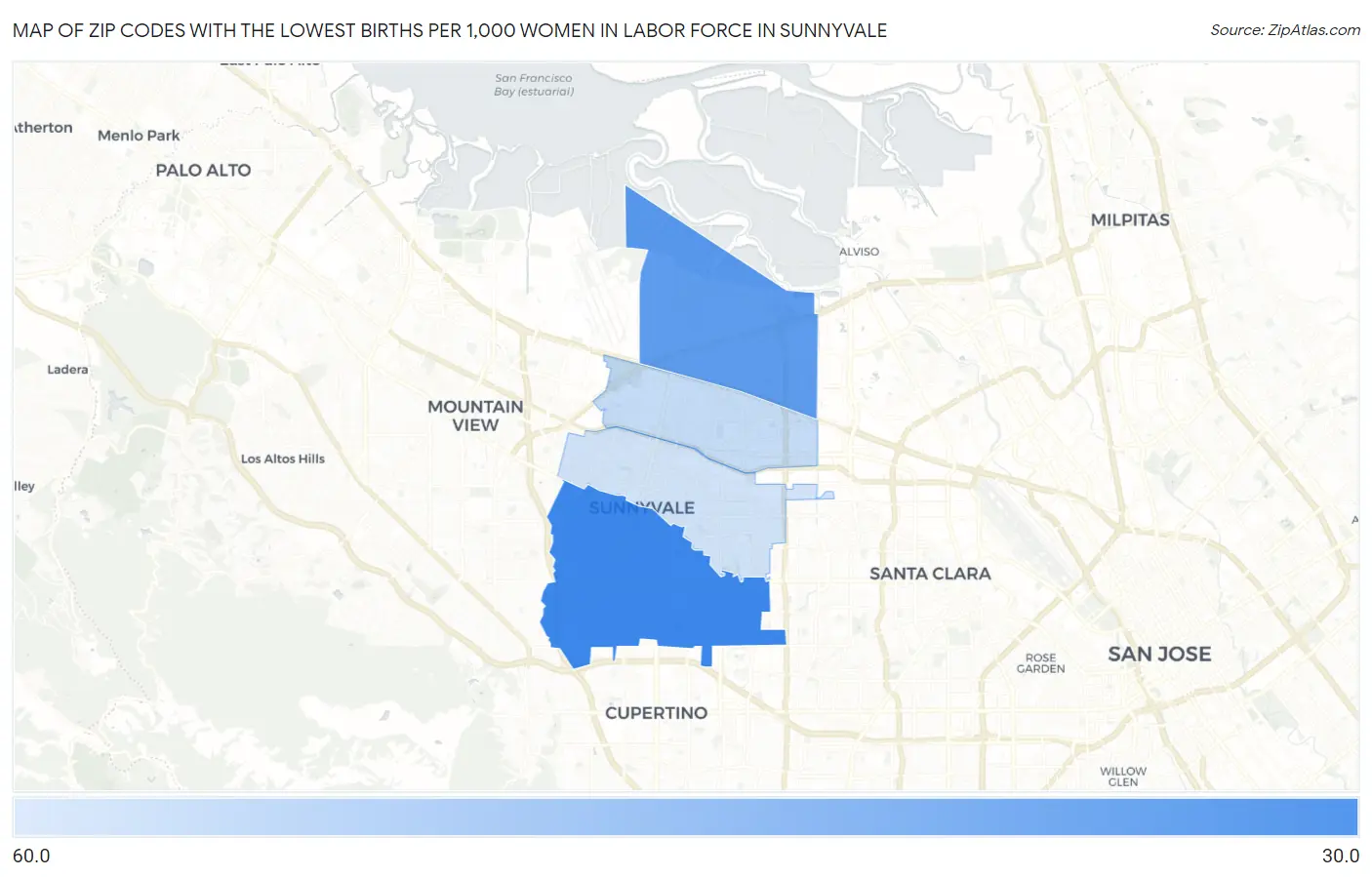 Zip Codes with the Lowest Births per 1,000 Women in Labor Force in Sunnyvale Map