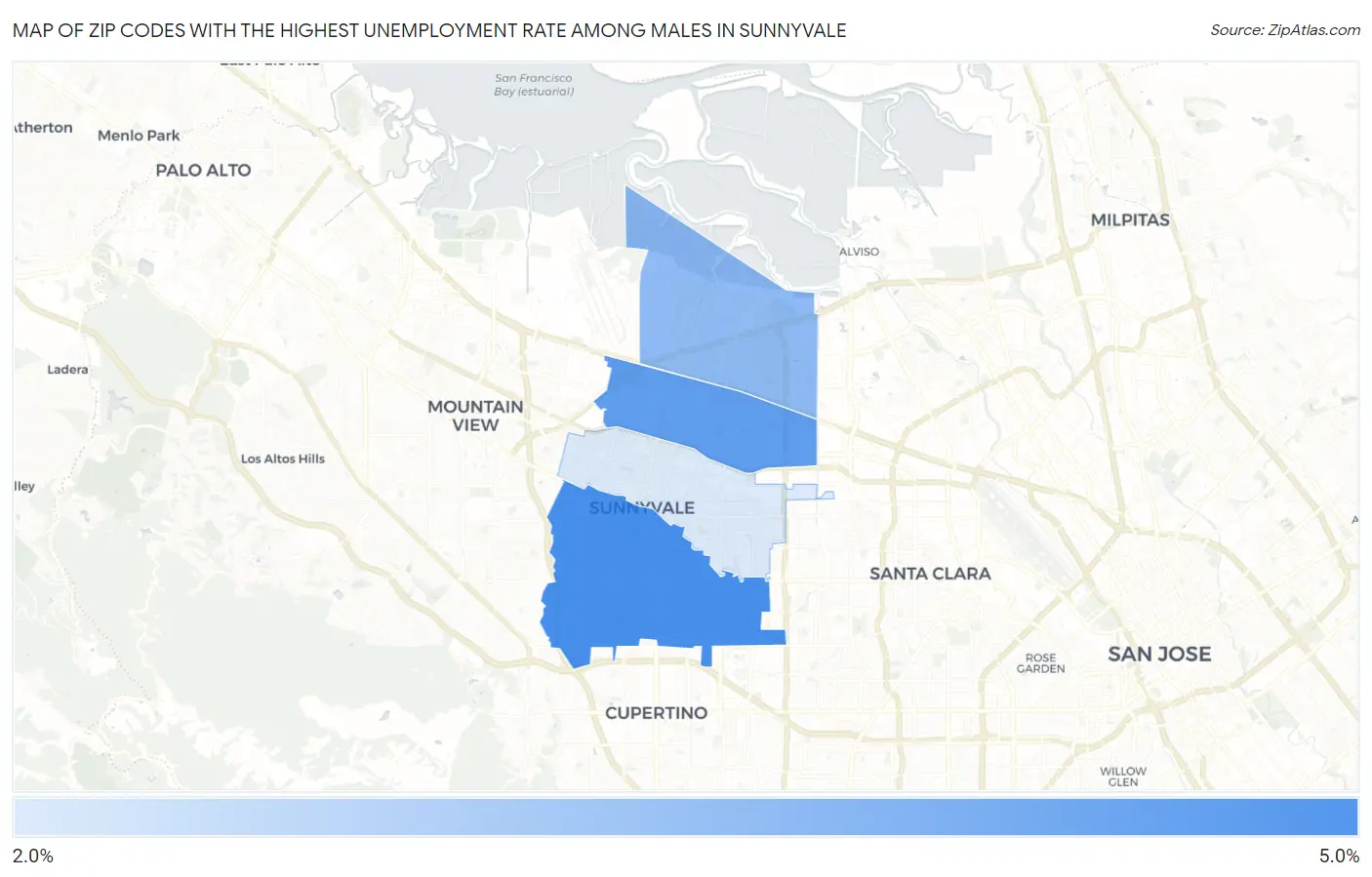Zip Codes with the Highest Unemployment Rate Among Males in Sunnyvale Map