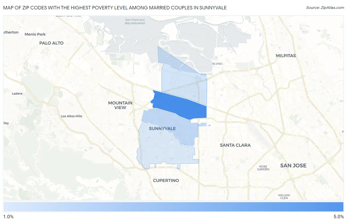 Zip Codes with the Highest Poverty Level Among Married Couples in Sunnyvale Map