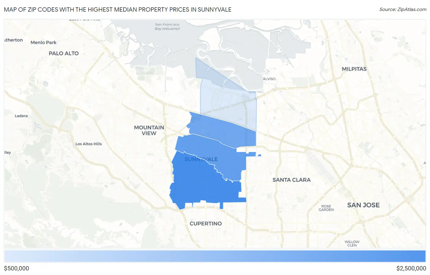 Zip Codes with the Highest Median Property Prices in Sunnyvale Map