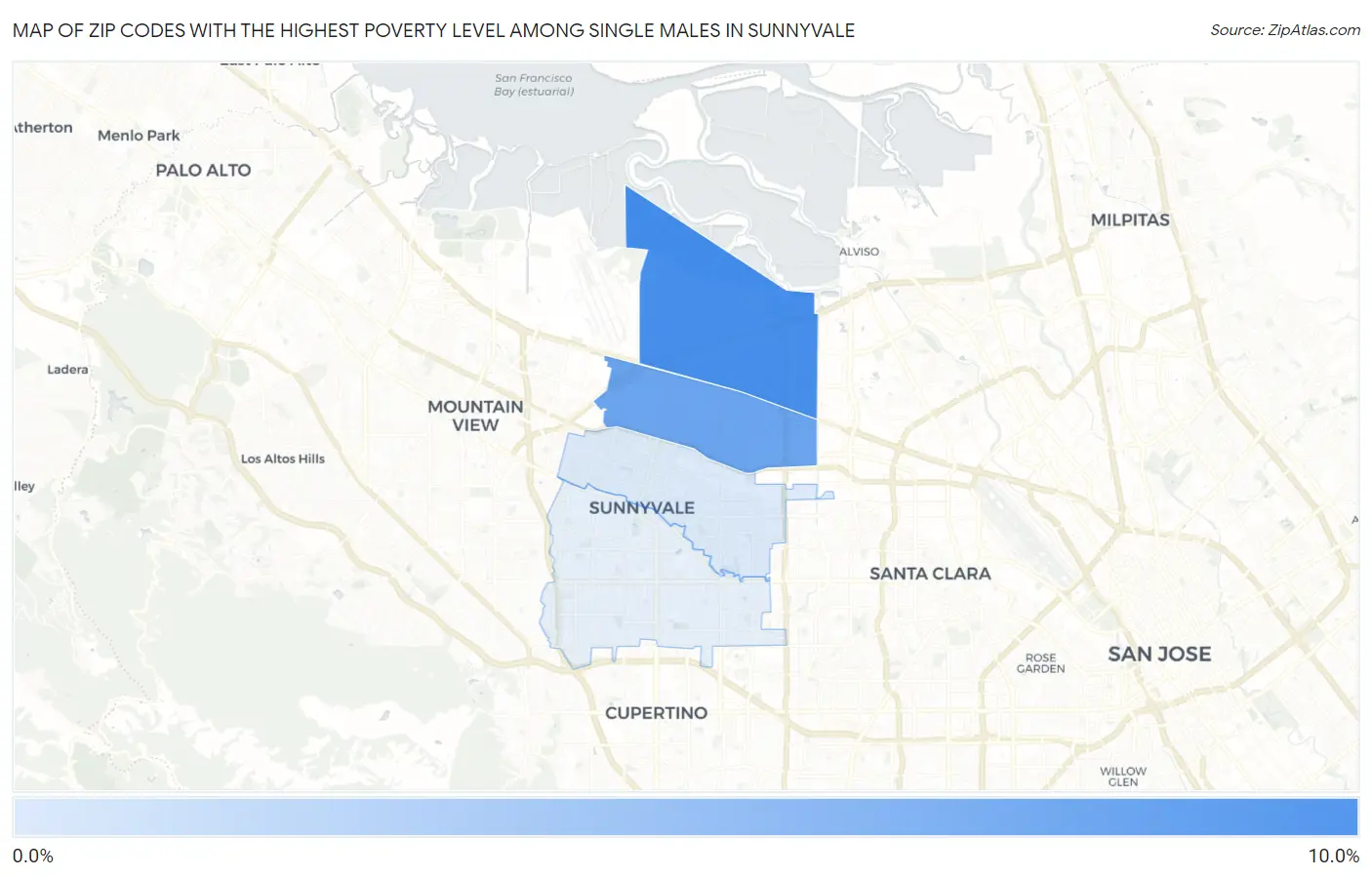 Zip Codes with the Highest Poverty Level Among Single Males in Sunnyvale Map
