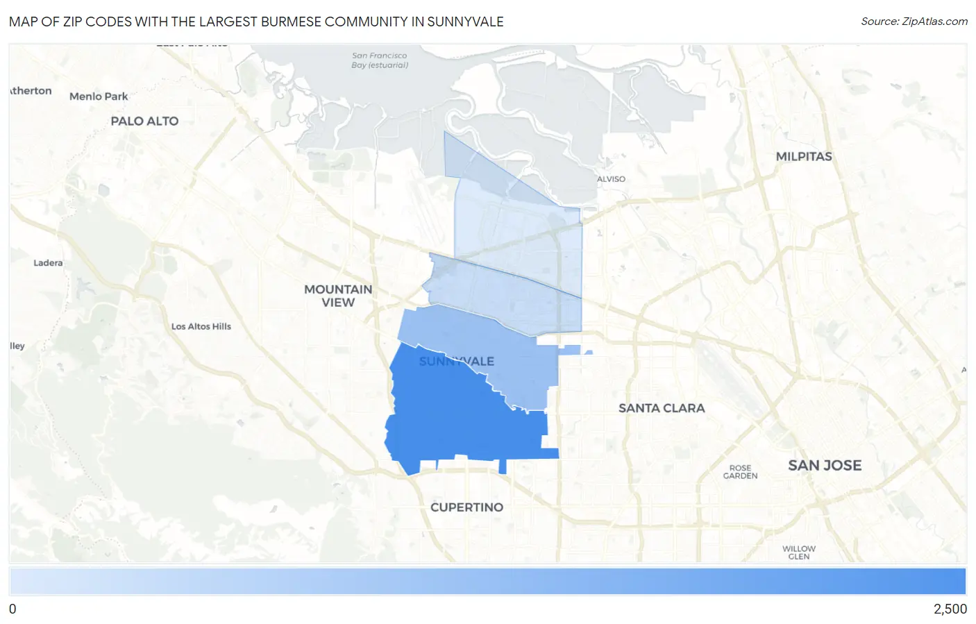 Zip Codes with the Largest Burmese Community in Sunnyvale Map