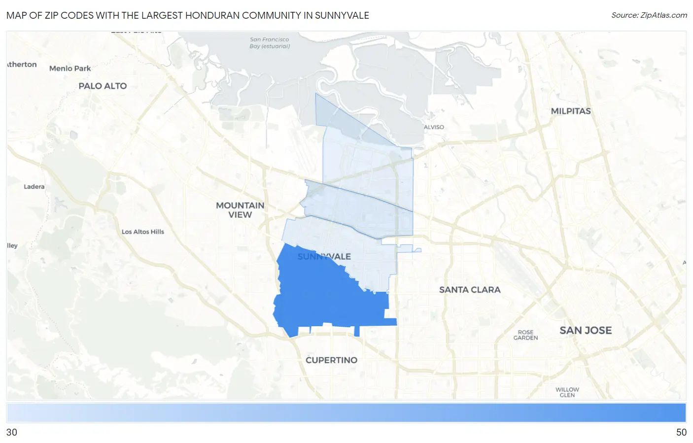 Zip Codes with the Largest Honduran Community in Sunnyvale Map