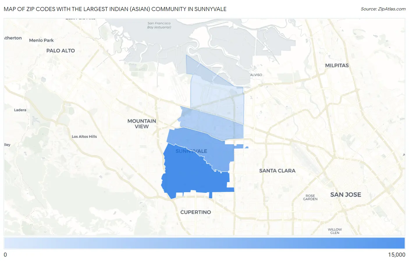 Zip Codes with the Largest Indian (Asian) Community in Sunnyvale Map