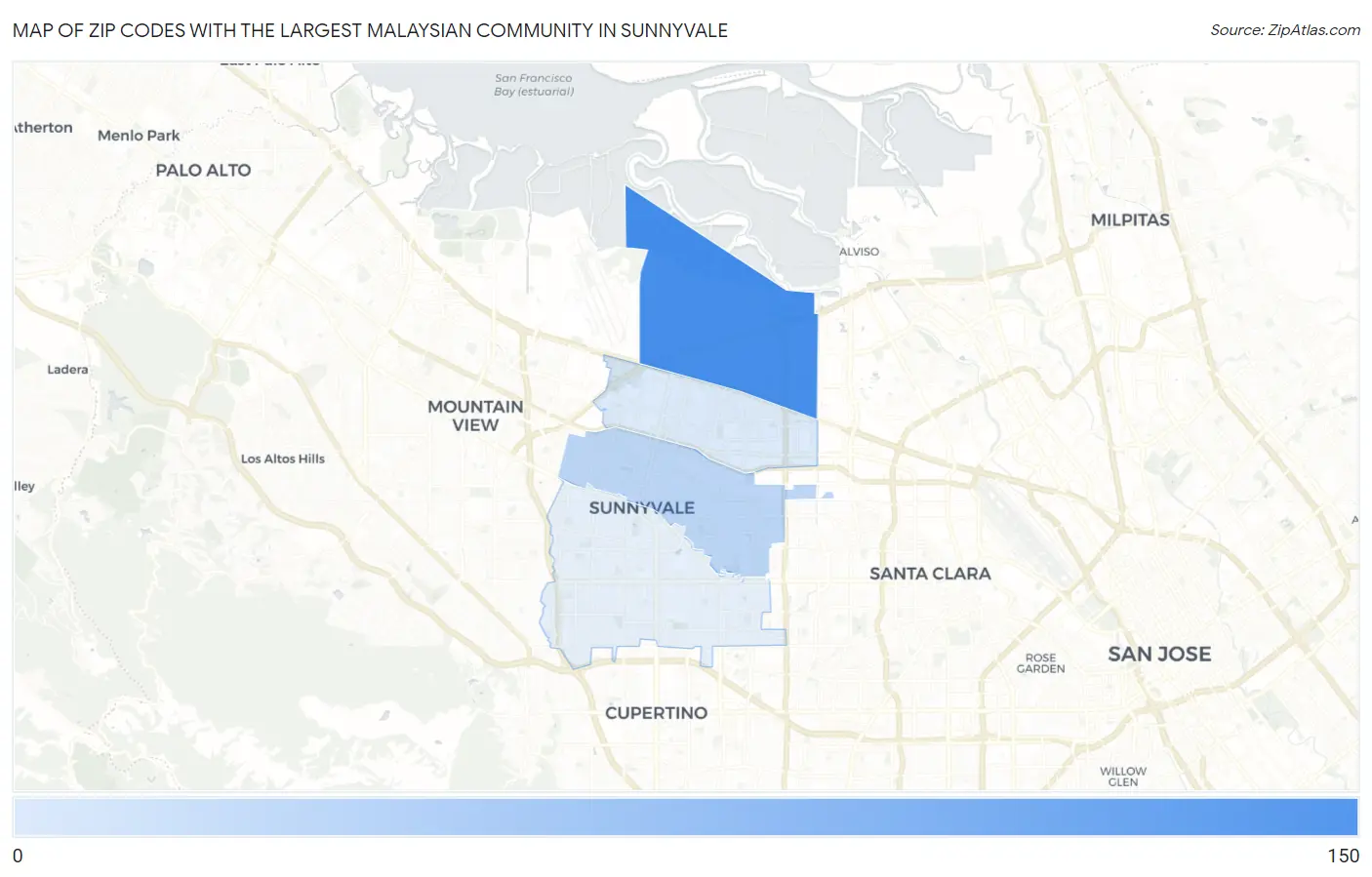 Zip Codes with the Largest Malaysian Community in Sunnyvale Map