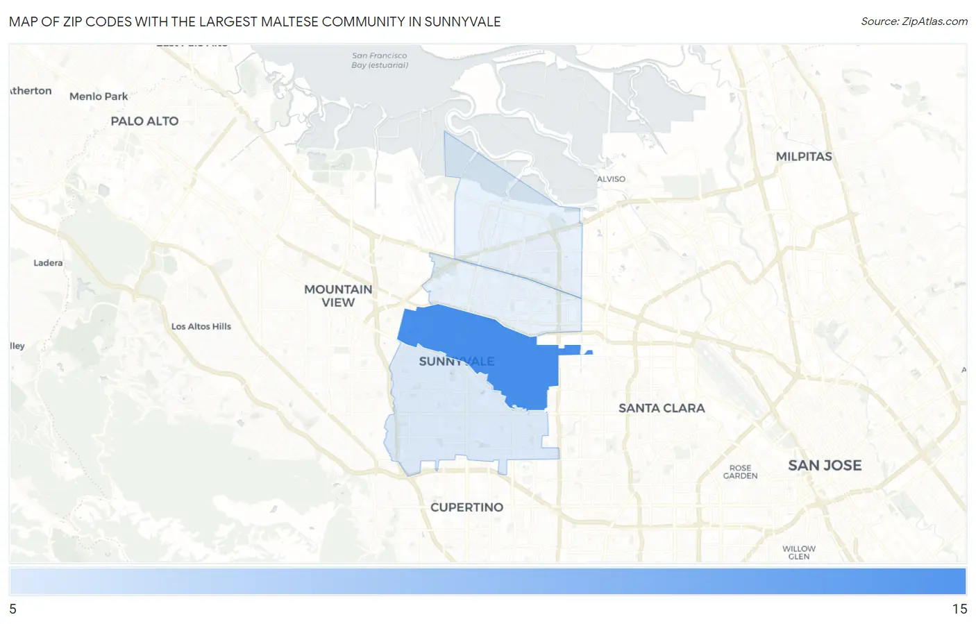 Zip Codes with the Largest Maltese Community in Sunnyvale Map