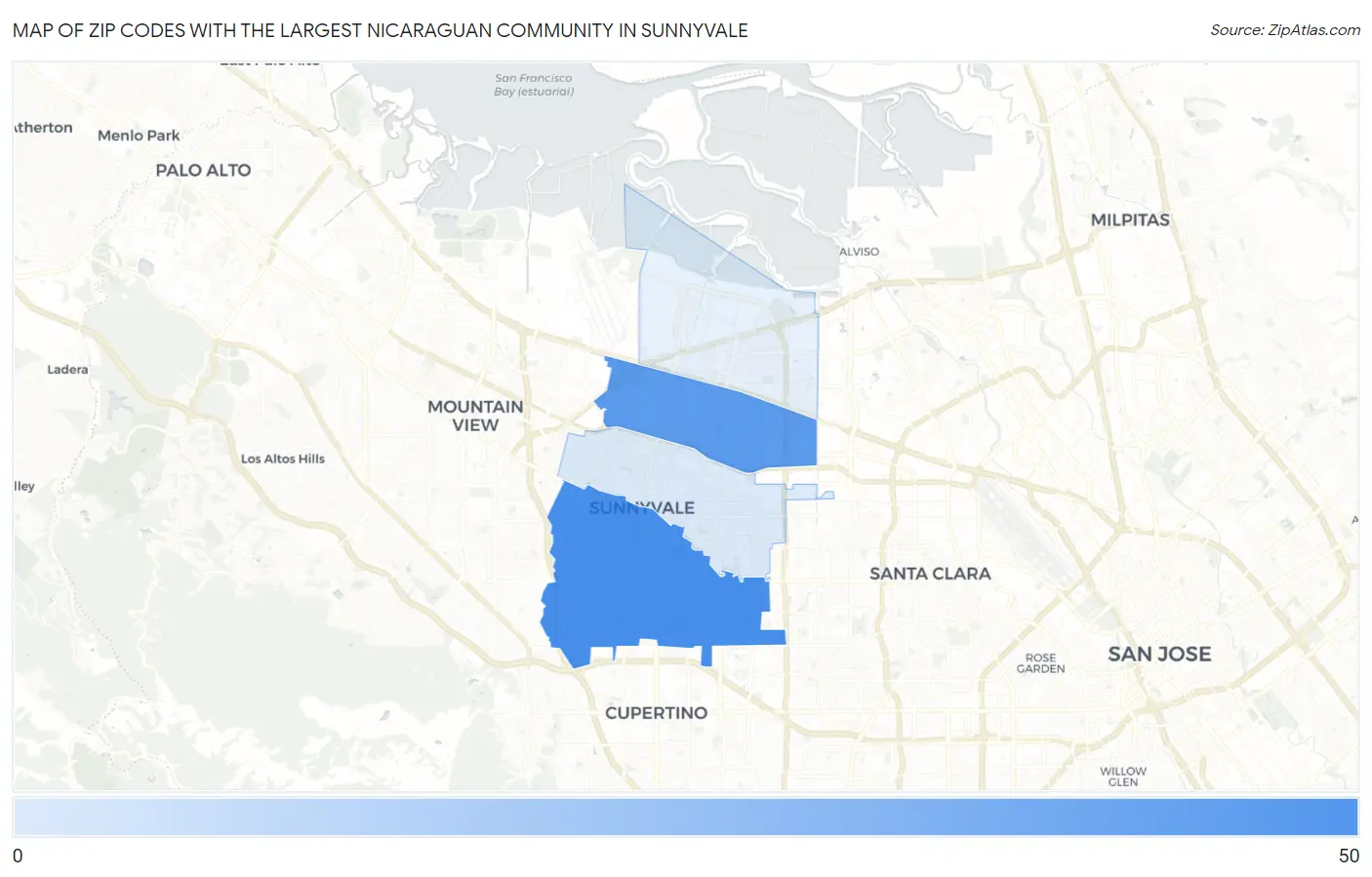 Zip Codes with the Largest Nicaraguan Community in Sunnyvale Map