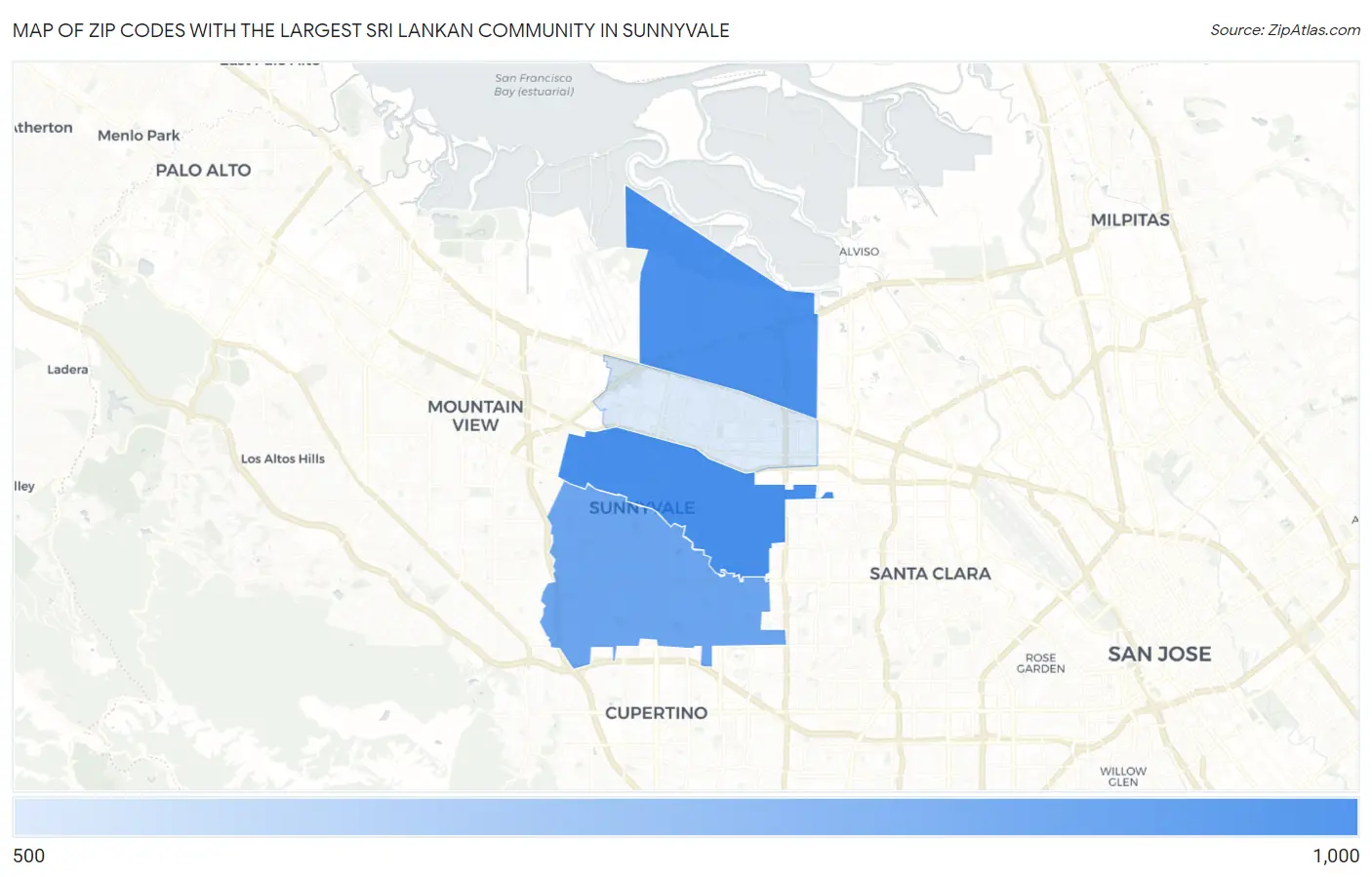 Zip Codes with the Largest Sri Lankan Community in Sunnyvale Map