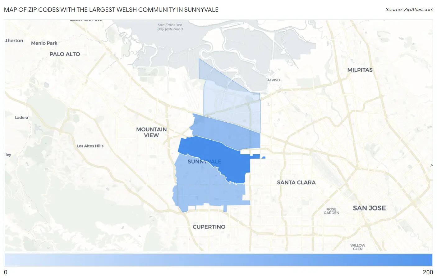 Zip Codes with the Largest Welsh Community in Sunnyvale Map