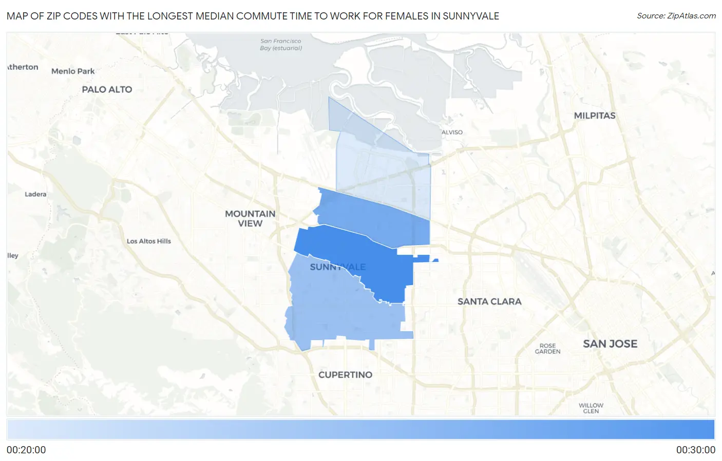 Zip Codes with the Longest Median Commute Time to Work for Females in Sunnyvale Map