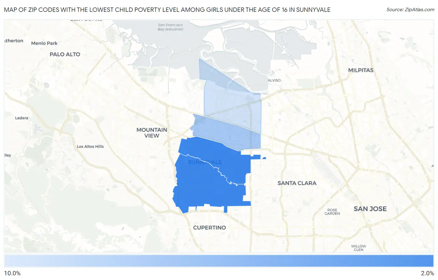 Zip Codes with the Lowest Child Poverty Level Among Girls Under the Age of 16 in Sunnyvale Map