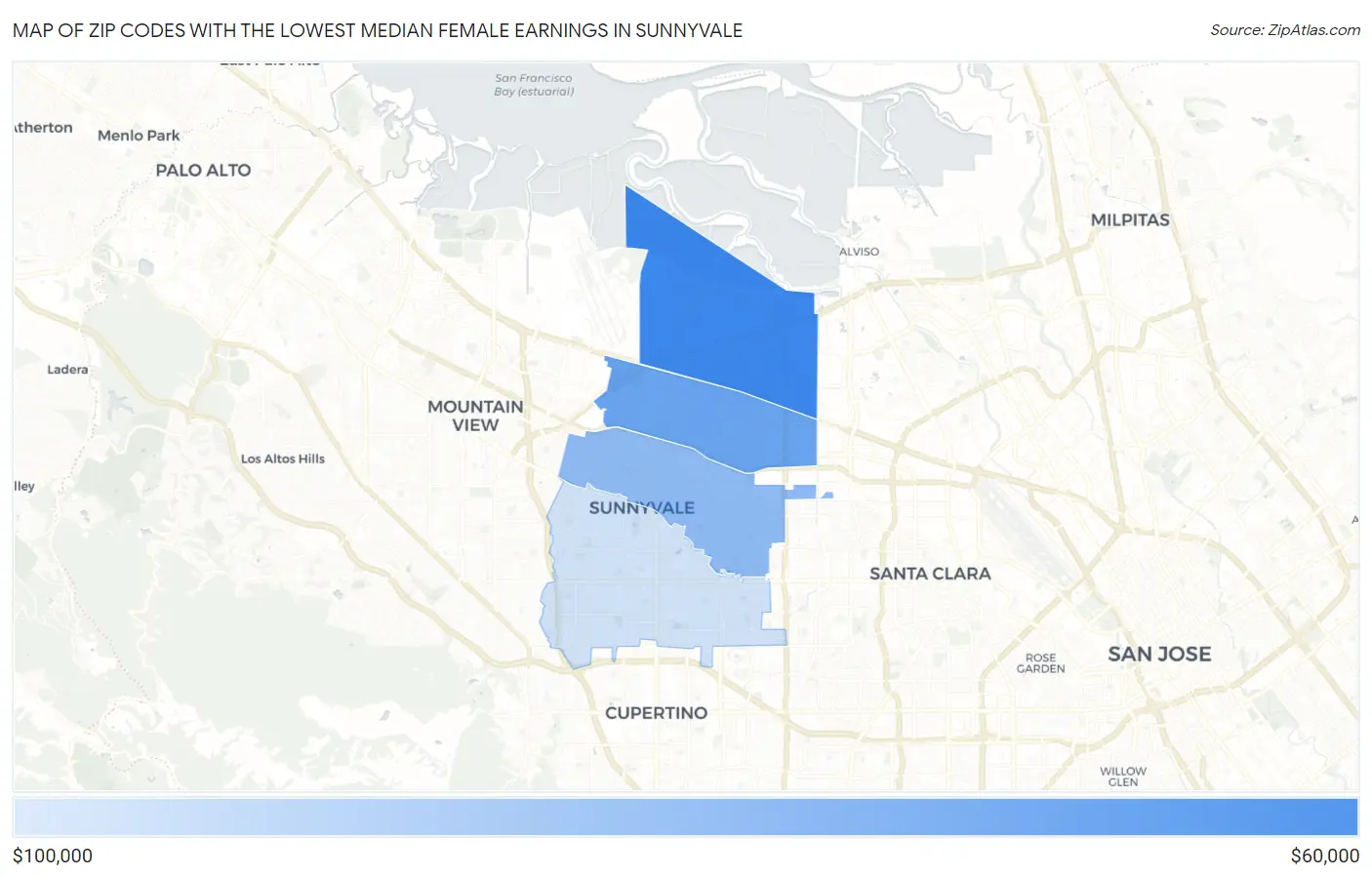 Zip Codes with the Lowest Median Female Earnings in Sunnyvale Map