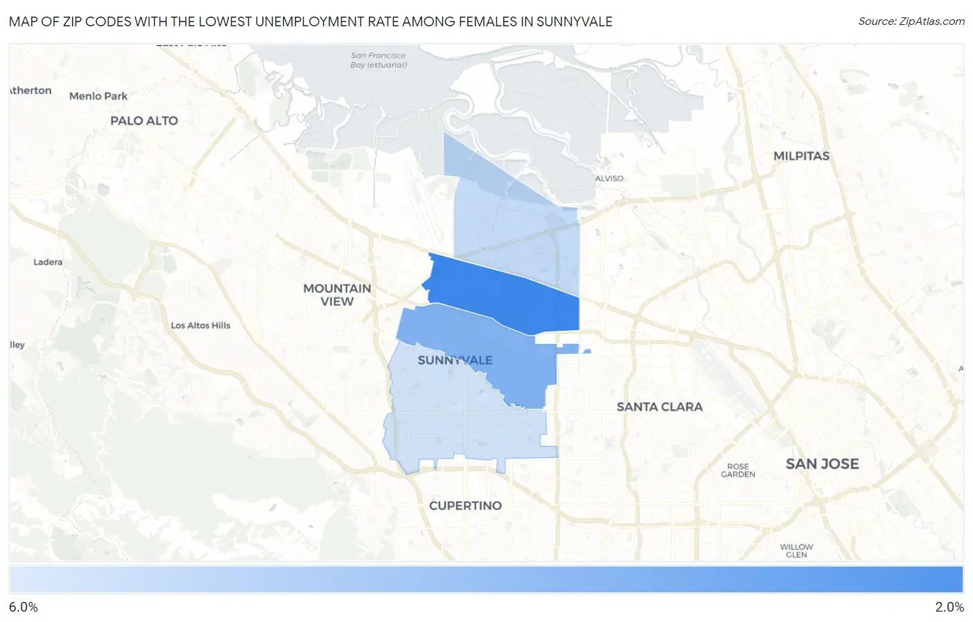 Zip Codes with the Lowest Unemployment Rate Among Females in Sunnyvale Map