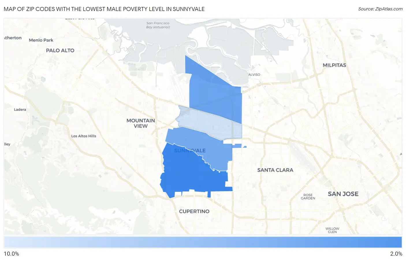 Zip Codes with the Lowest Male Poverty Level in Sunnyvale Map