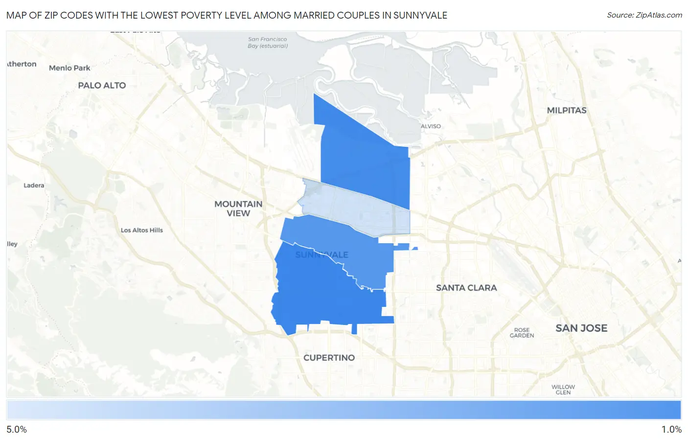 Zip Codes with the Lowest Poverty Level Among Married Couples in Sunnyvale Map