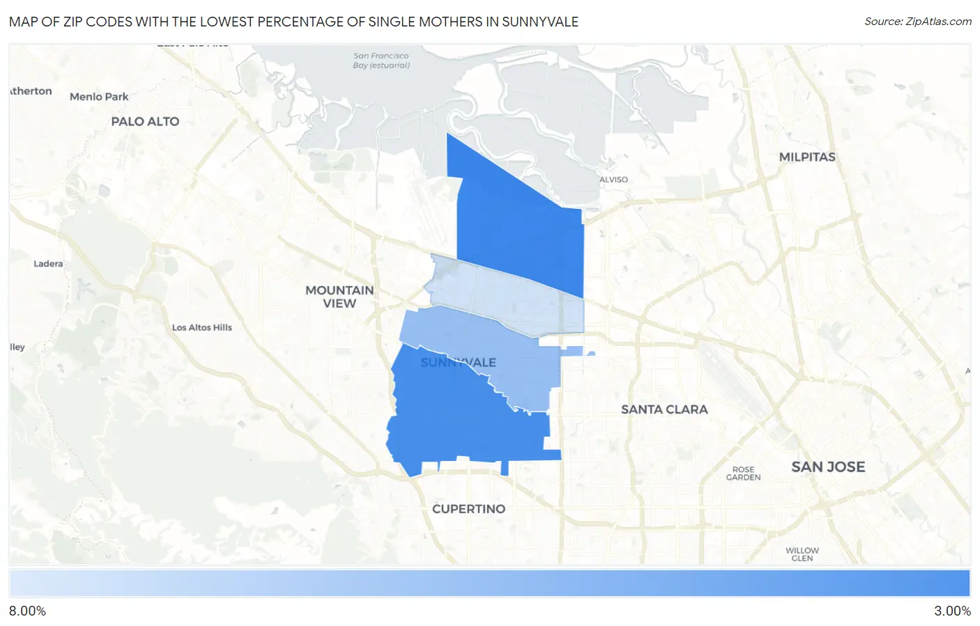 Zip Codes with the Lowest Percentage of Single Mothers in Sunnyvale Map