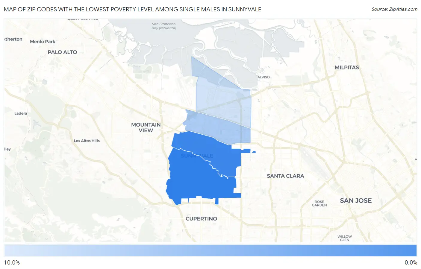 Zip Codes with the Lowest Poverty Level Among Single Males in Sunnyvale Map