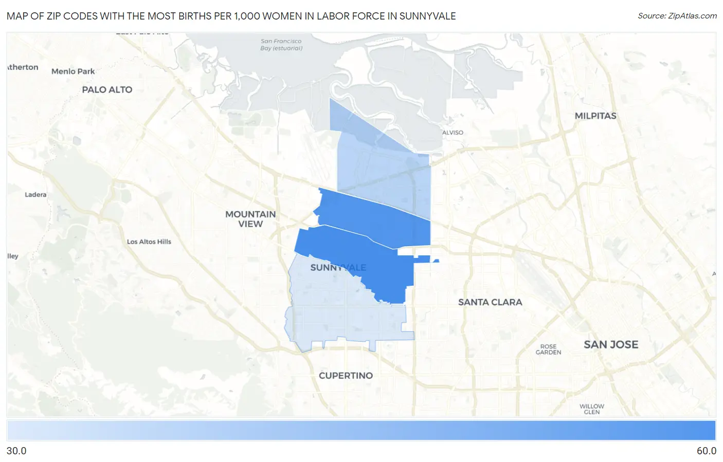 Zip Codes with the Most Births per 1,000 Women in Labor Force in Sunnyvale Map
